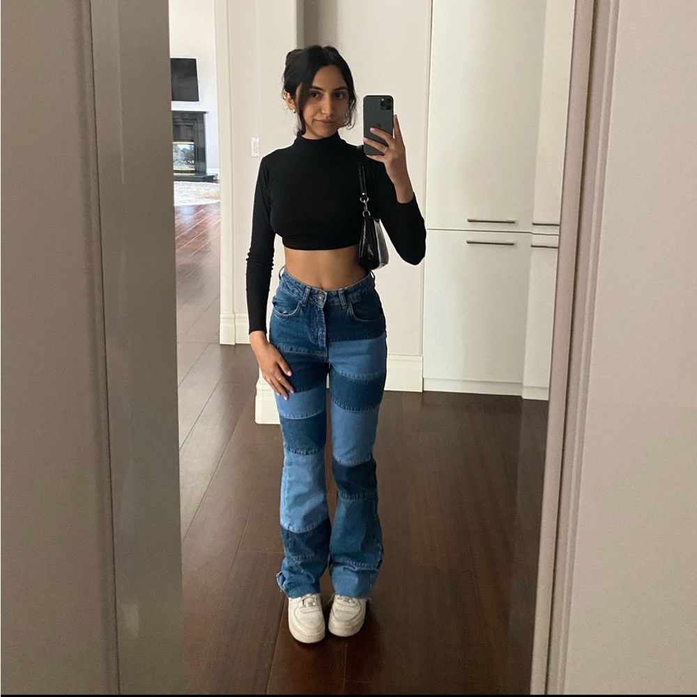 Subdued Patchwork Flared Denim Jeans - image 1